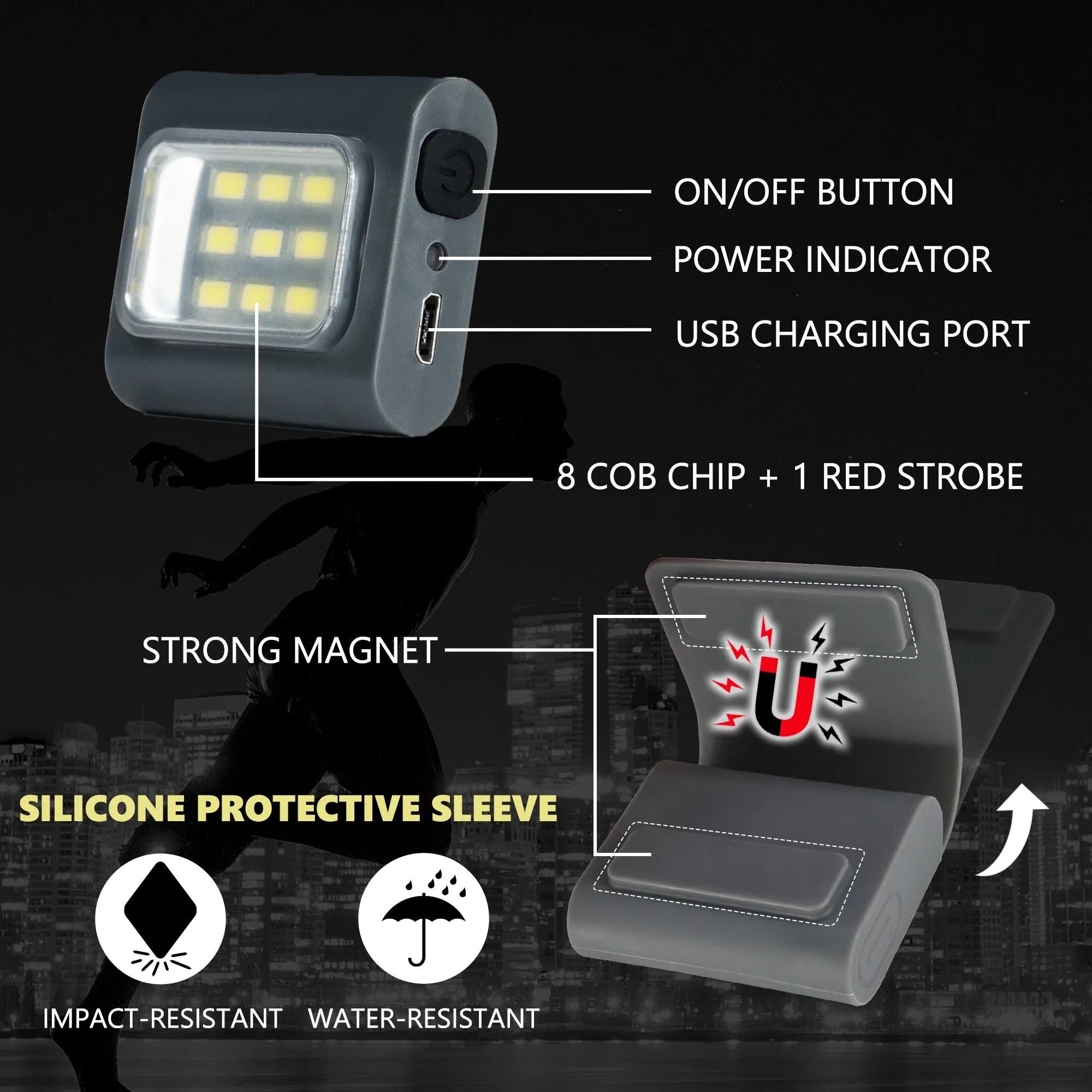 2Pack LED Running Lights Safety Light Gray Clip on Rechargeable