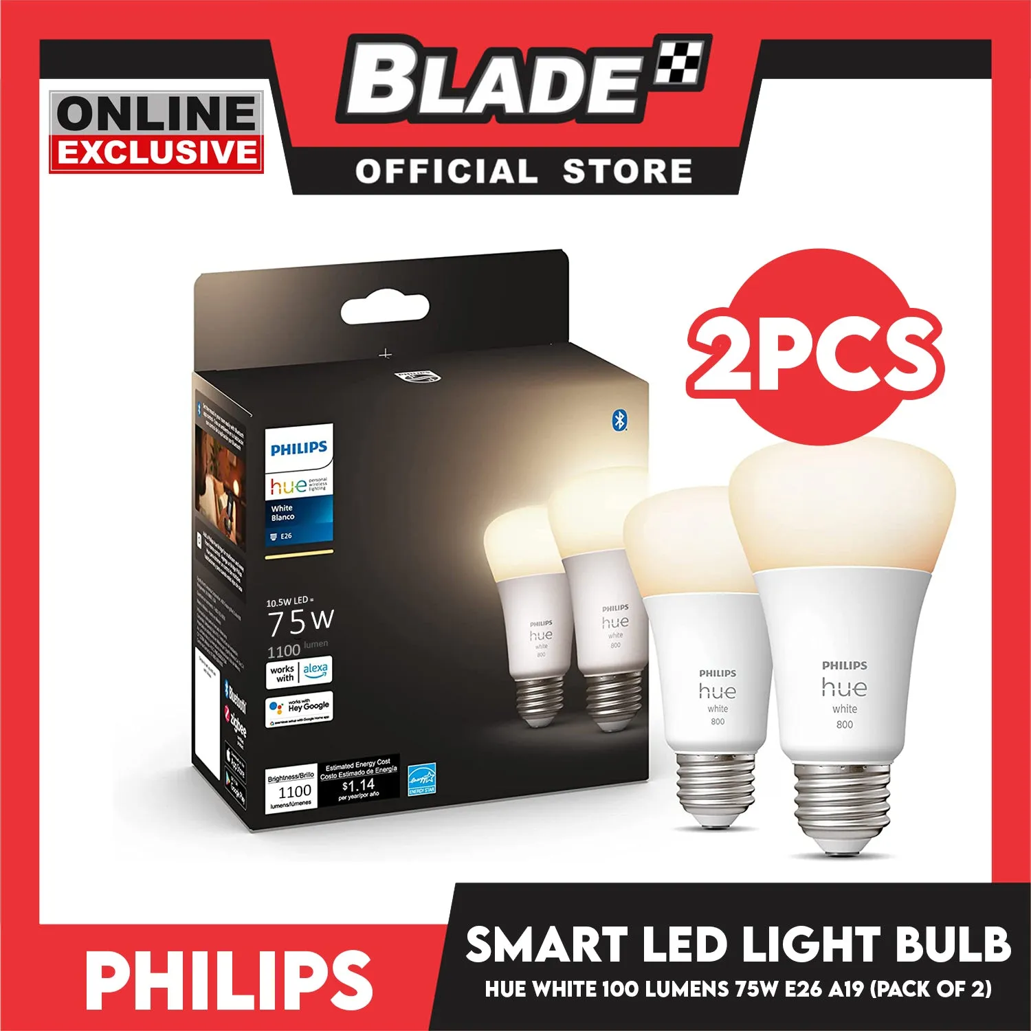 2pcs Philips Smart Led Light Bulb HUE (White) 100 Lumens 75W E26 A19