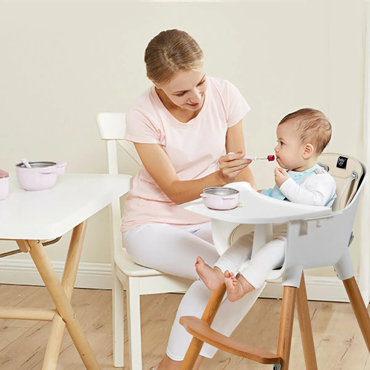 3-in-1 Adjustable Height Beech Wooden High Chair & Tray | Low Chair | Beige Cushion