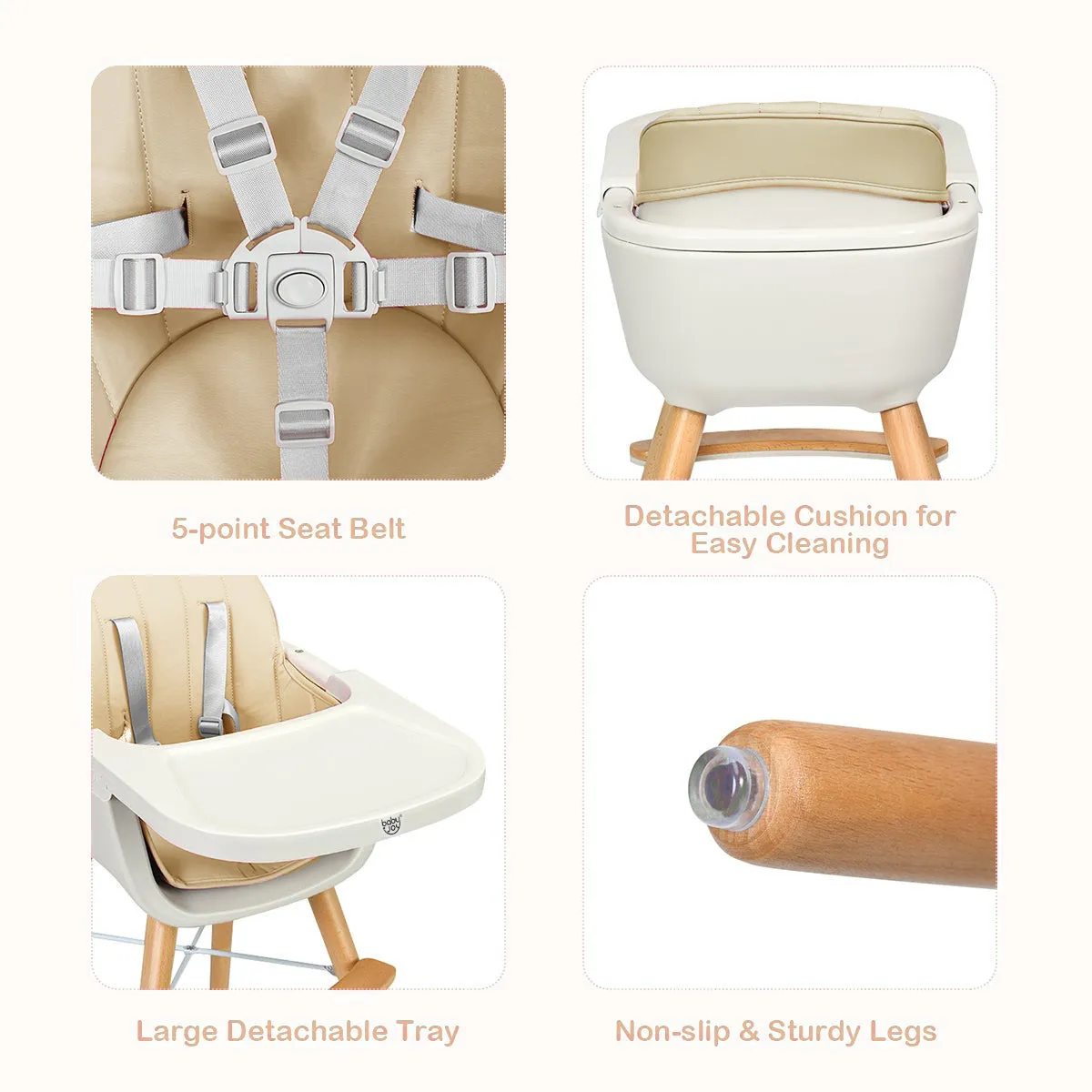 3-in-1 Adjustable Height Beech Wooden High Chair & Tray | Low Chair | Beige Cushion