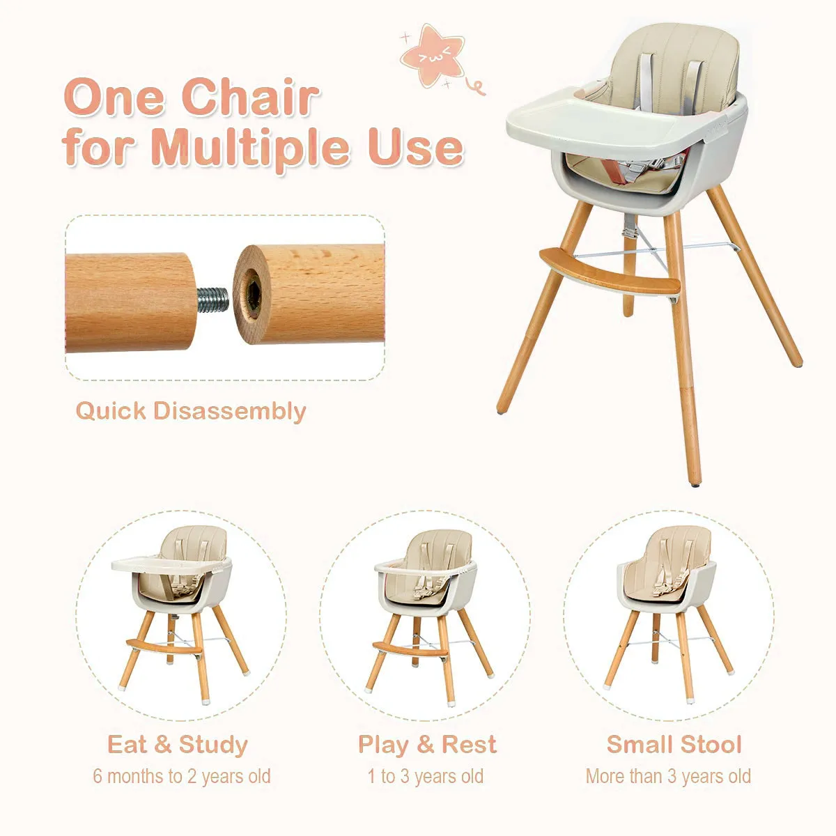 3-in-1 Adjustable Height Beech Wooden High Chair & Tray | Low Chair | Beige Cushion