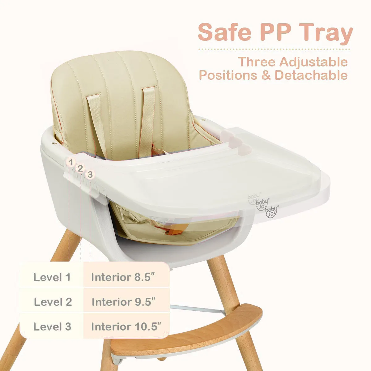 3-in-1 Adjustable Height Beech Wooden High Chair & Tray | Low Chair | Beige Cushion