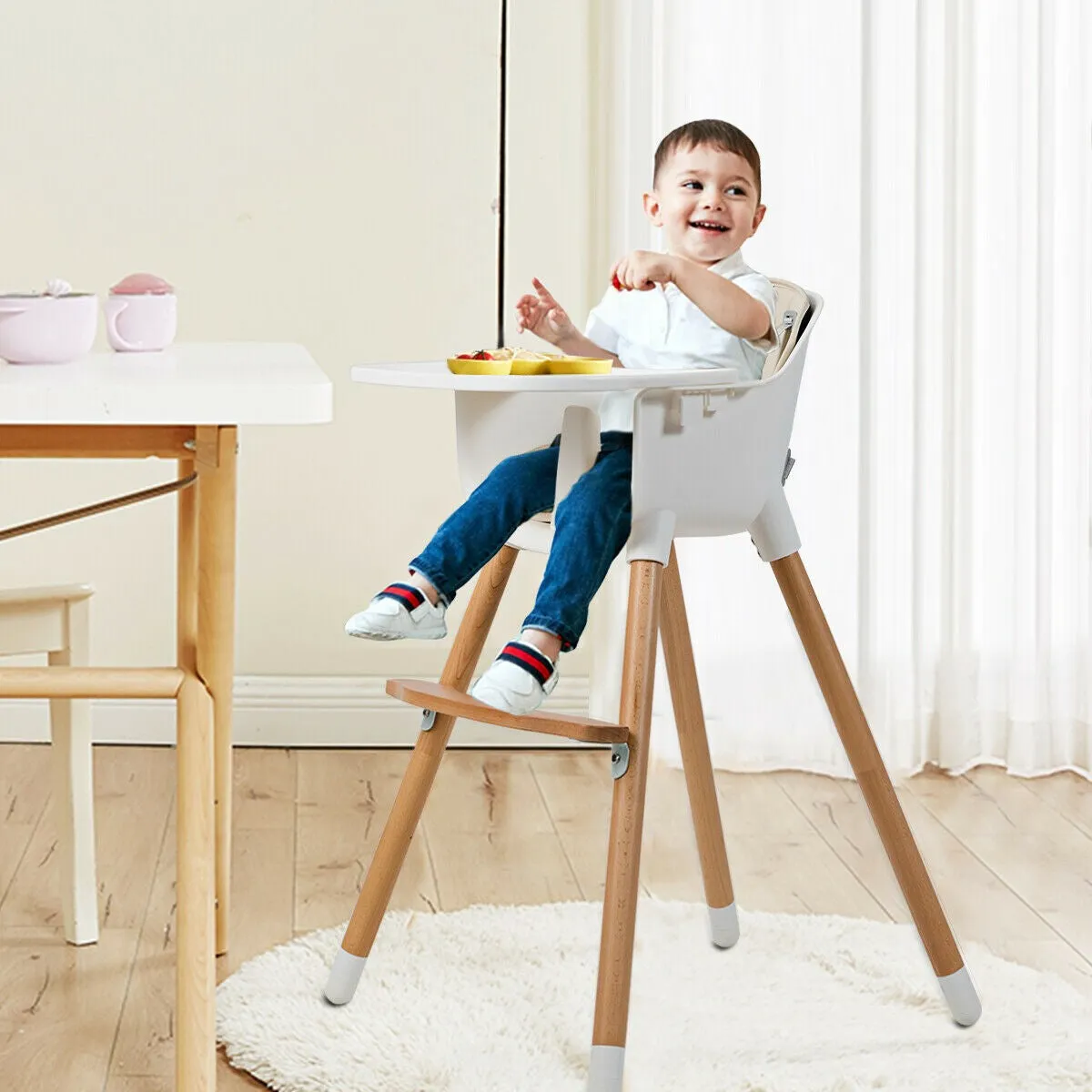 3-in-1 Adjustable Height Beech Wooden High Chair & Tray | Low Chair | Beige Cushion