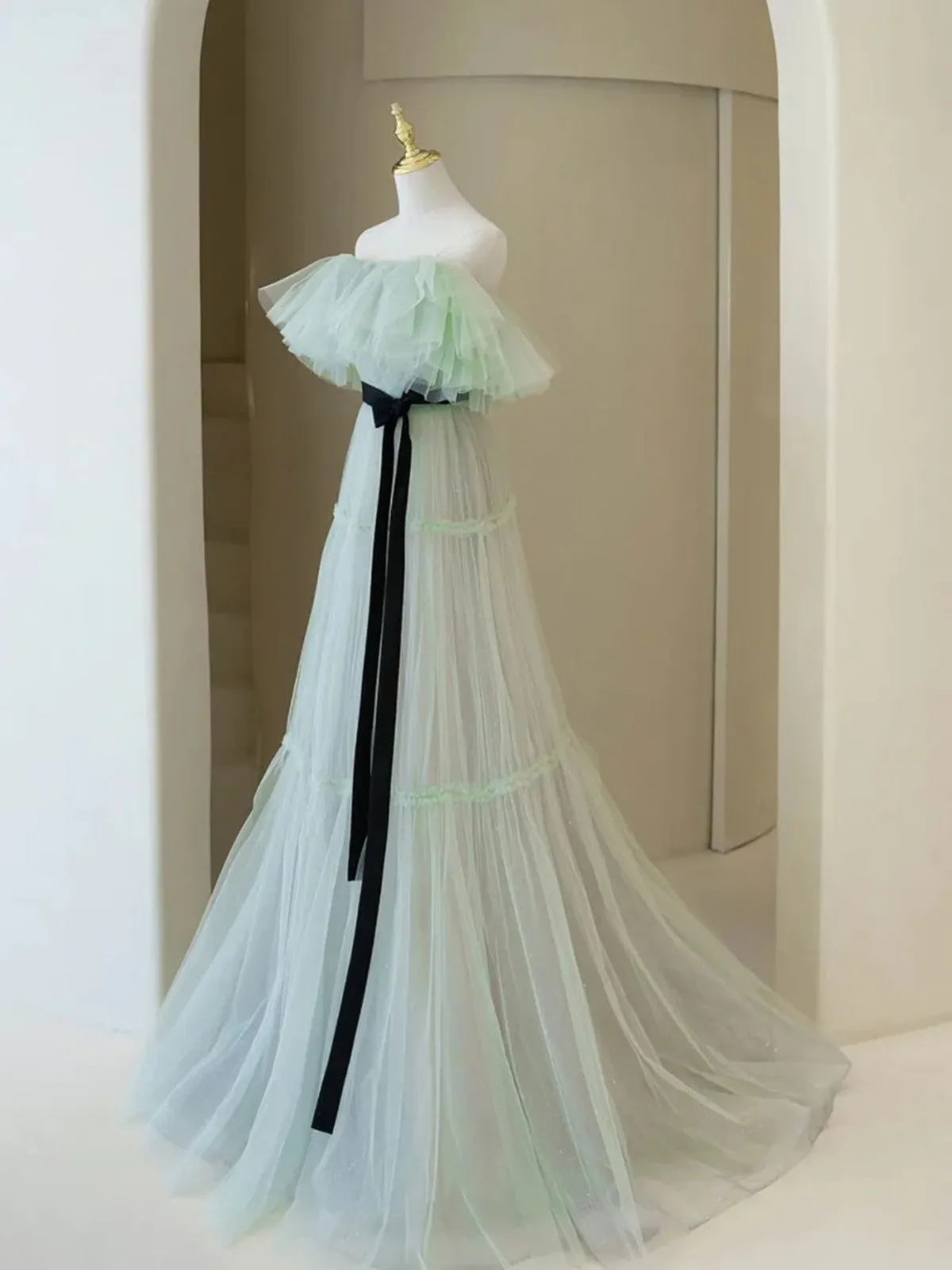 A-line Light Green Tulle Off Shoulder Long Evening Dress, Light Green Sweetheart Prom Dress