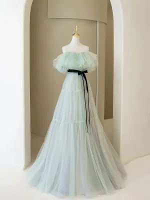A-line Light Green Tulle Off Shoulder Long Evening Dress, Light Green Sweetheart Prom Dress