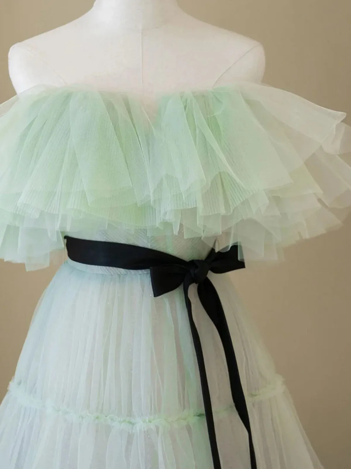 A-line Light Green Tulle Off Shoulder Long Evening Dress, Light Green Sweetheart Prom Dress
