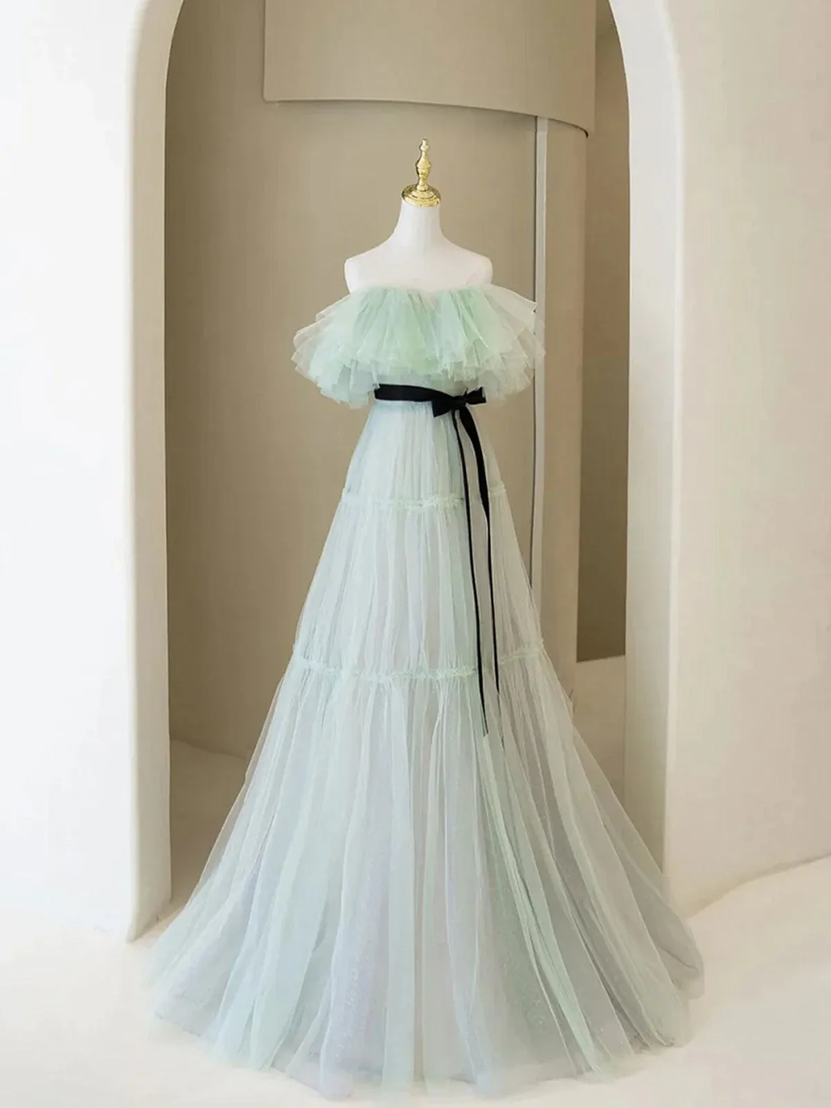 A-line Light Green Tulle Off Shoulder Long Evening Dress, Light Green Sweetheart Prom Dress