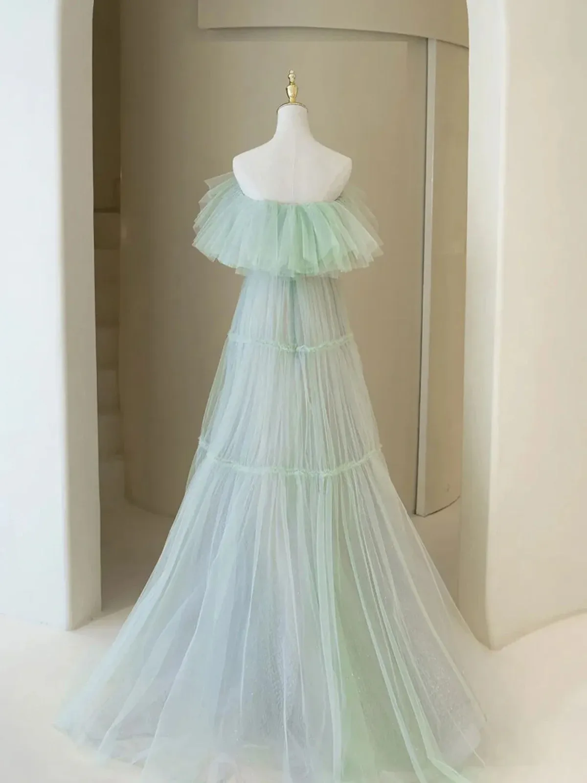 A-line Light Green Tulle Off Shoulder Long Evening Dress, Light Green Sweetheart Prom Dress