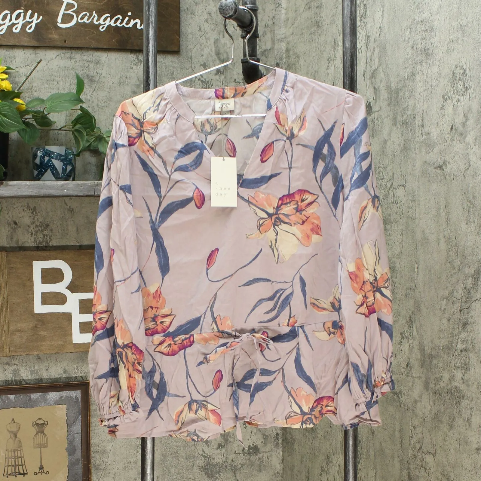 A New Day Women's Floral Print 3/4 Sleeve Tie Waist Blouse