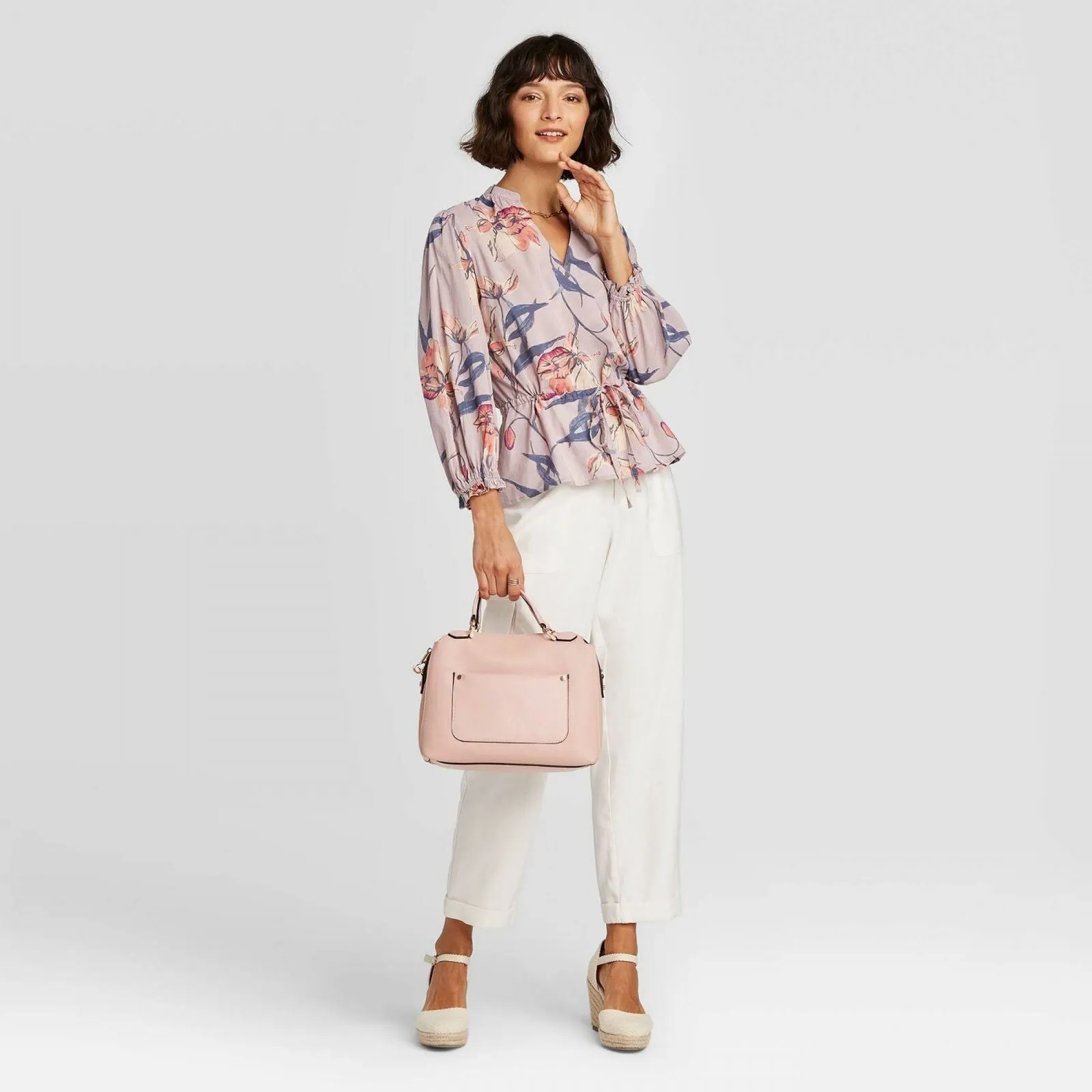 A New Day Women's Floral Print 3/4 Sleeve Tie Waist Blouse