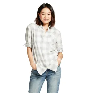 A New Day Women's Plaid Any Day Button Up Shirt Grey / White Small