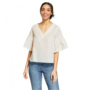 A New Day Women's Striped Ruffle Sleeve Shine Blouse Shirt Top
