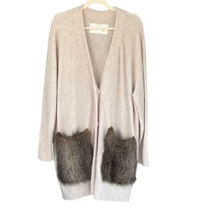 Adawas Women's Eco-Fur Pocket Wool Knit Cardigan Sweater Cream Tan Size 38 B2