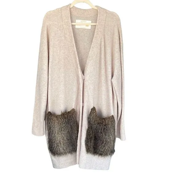 Adawas Women's Eco-Fur Pocket Wool Knit Cardigan Sweater Cream Tan Size 38 B2