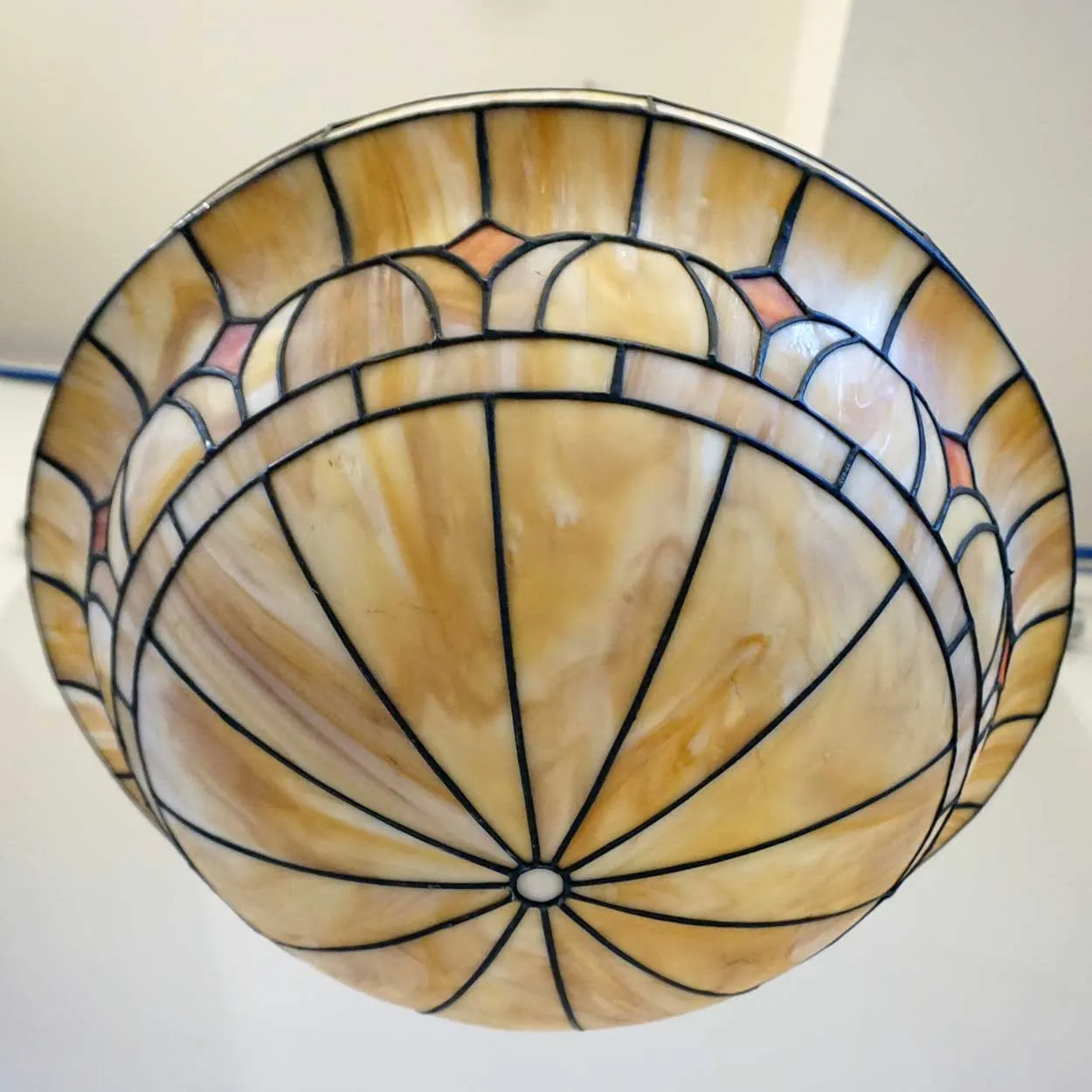 American Arts and Crafts Leaded and Slag Glass Hanging Bowl Four-Light Pendant Light