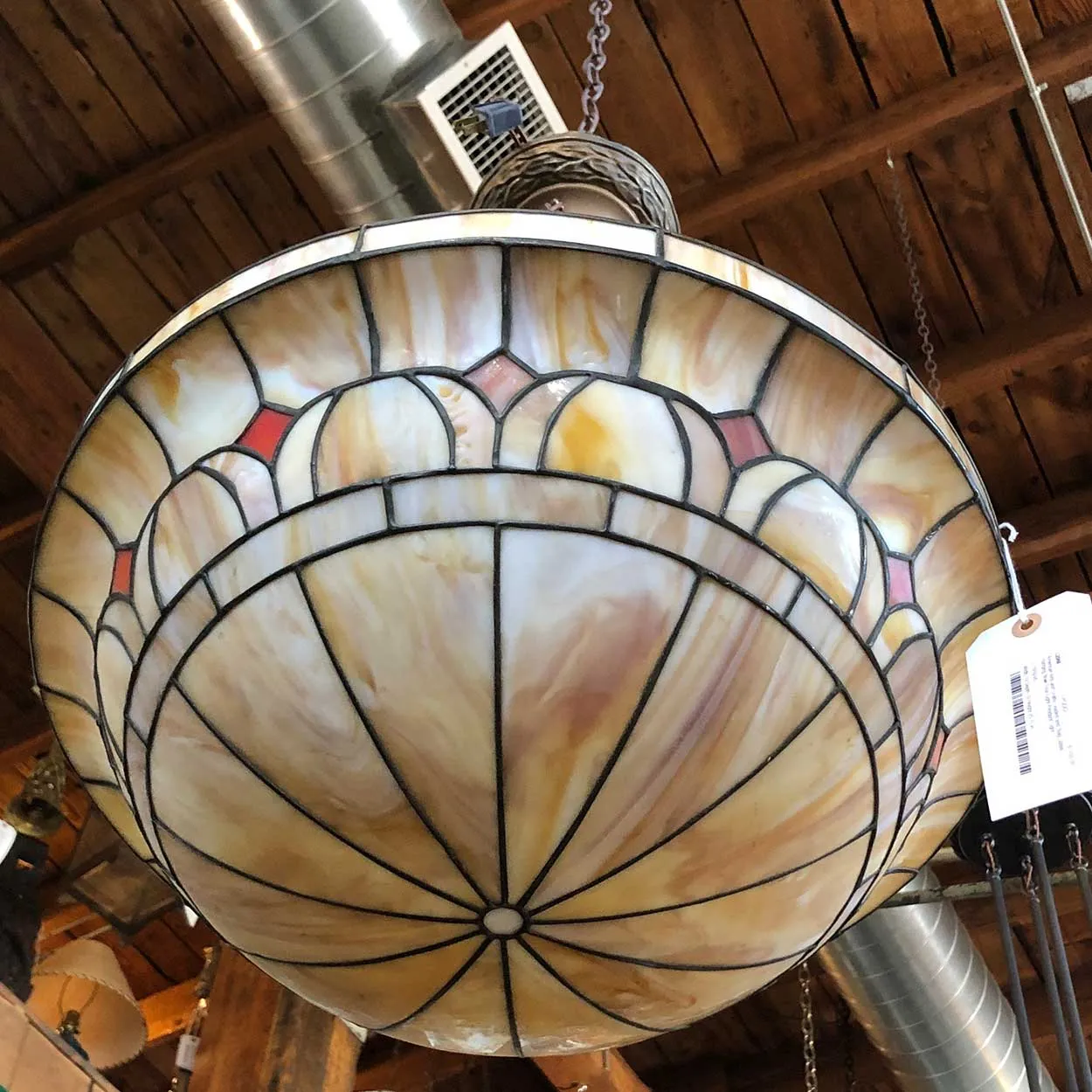 American Arts and Crafts Leaded and Slag Glass Hanging Bowl Four-Light Pendant Light
