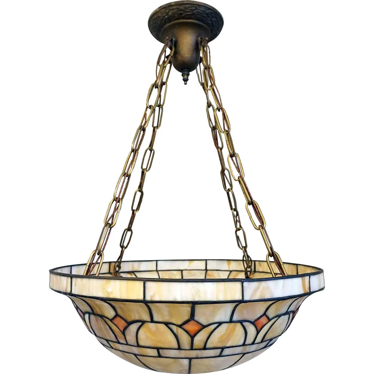 American Arts and Crafts Leaded and Slag Glass Hanging Bowl Four-Light Pendant Light
