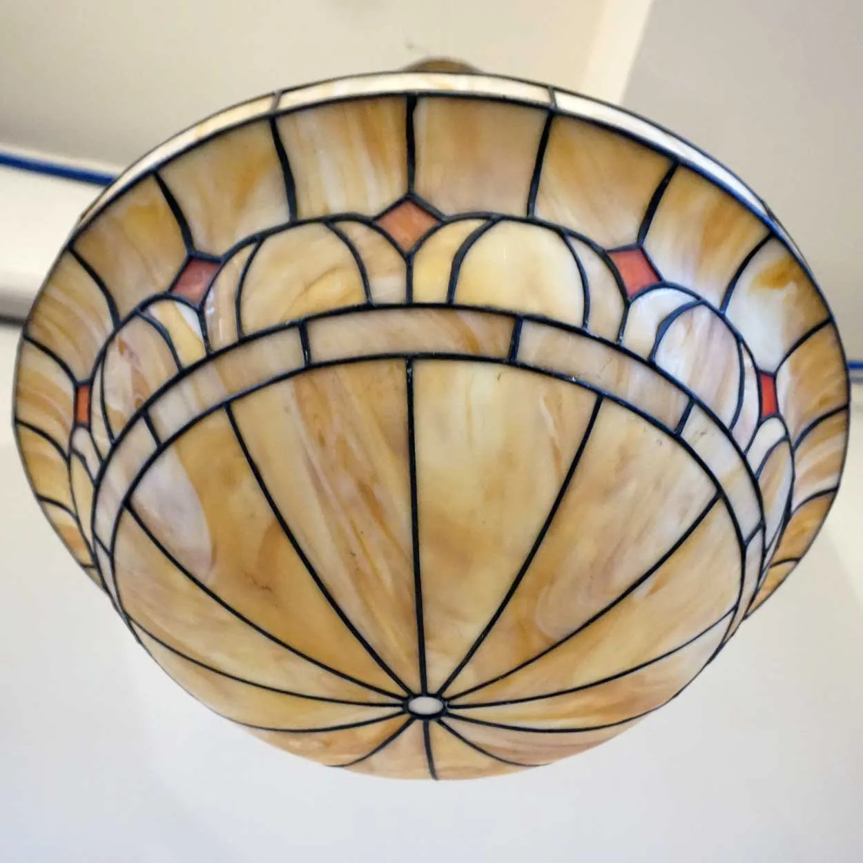 American Arts and Crafts Leaded and Slag Glass Hanging Bowl Four-Light Pendant Light