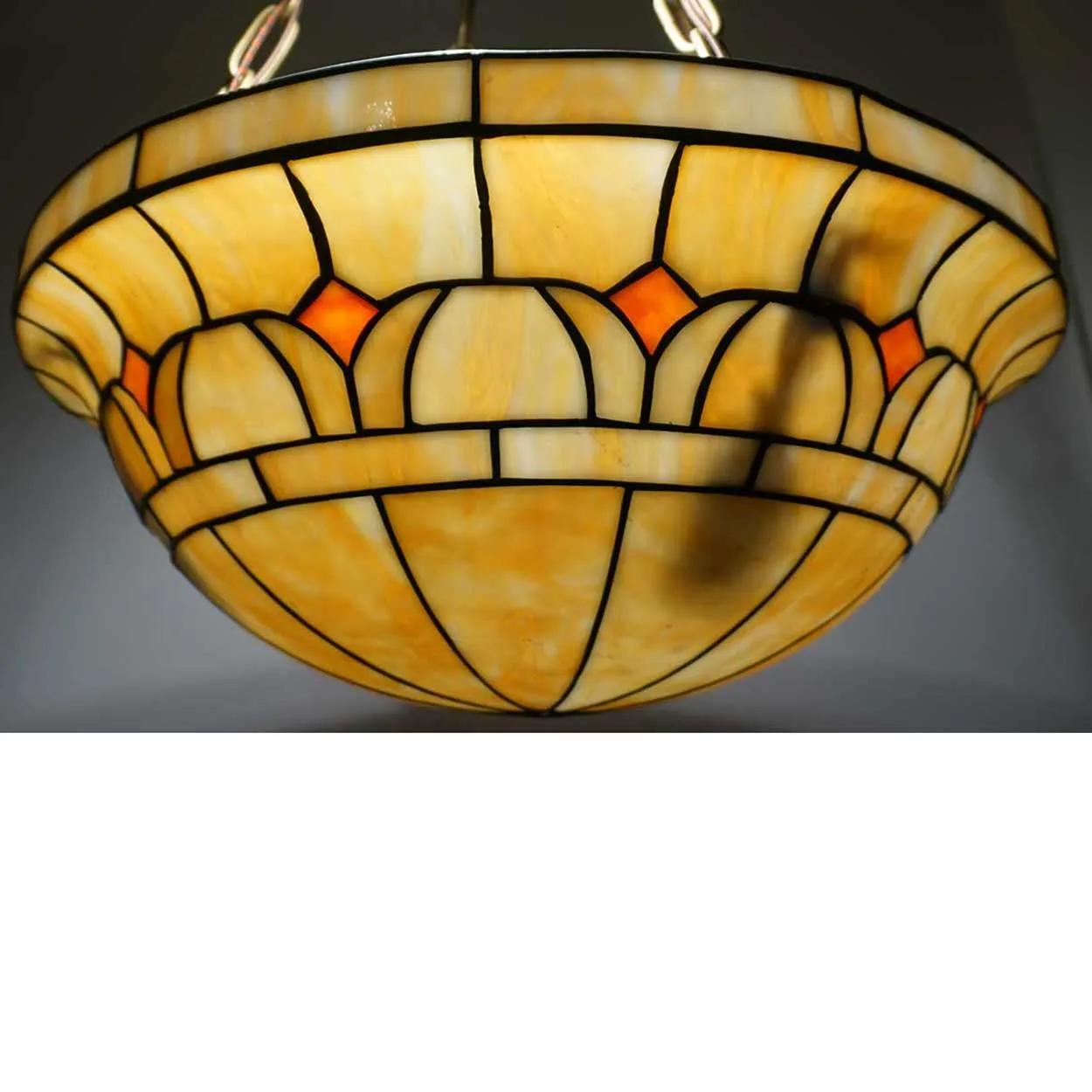 American Arts and Crafts Leaded and Slag Glass Hanging Bowl Four-Light Pendant Light