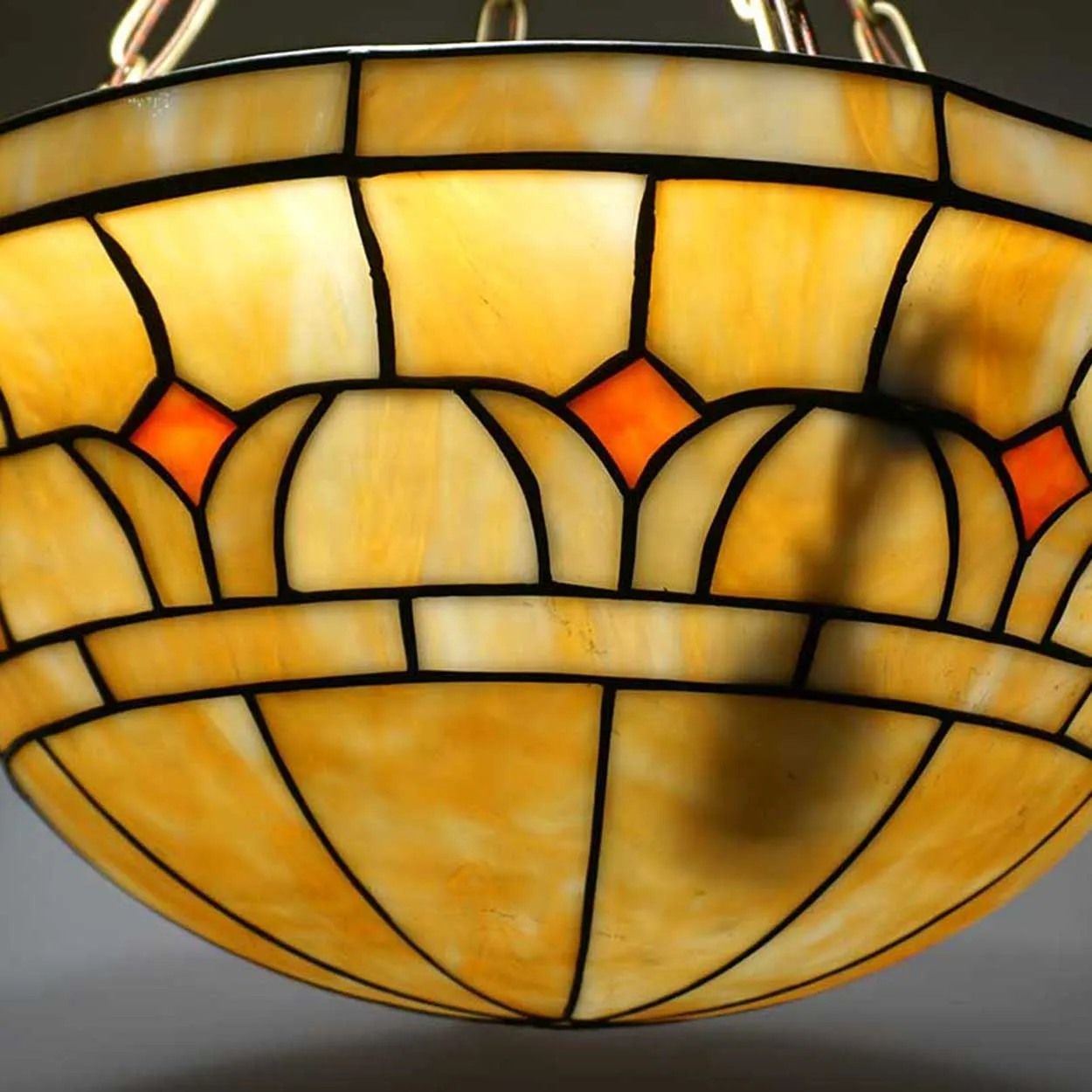 American Arts and Crafts Leaded and Slag Glass Hanging Bowl Four-Light Pendant Light