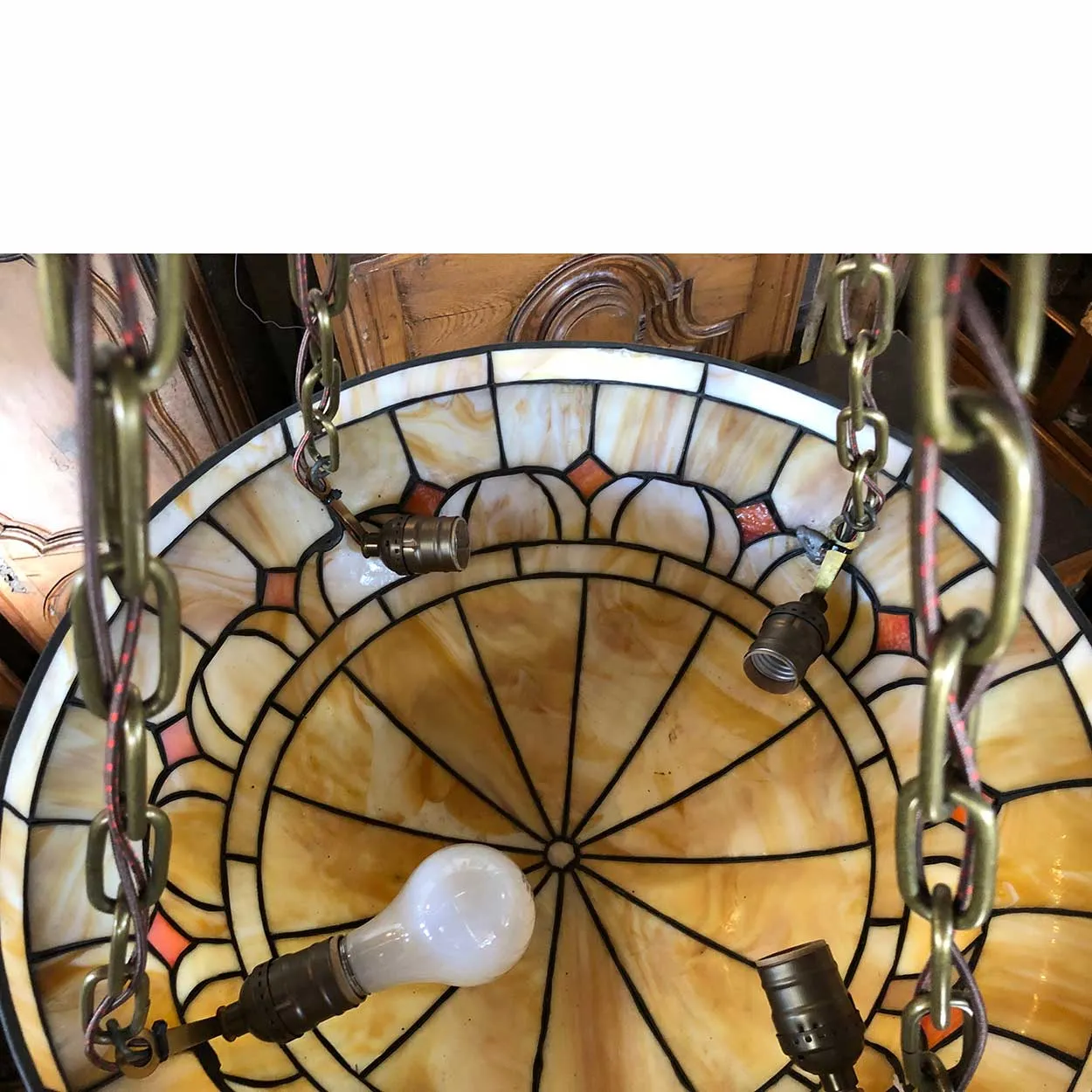 American Arts and Crafts Leaded and Slag Glass Hanging Bowl Four-Light Pendant Light