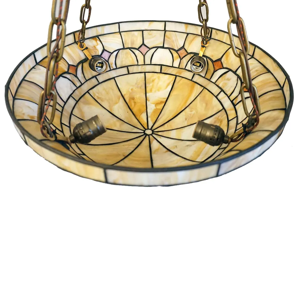 American Arts and Crafts Leaded and Slag Glass Hanging Bowl Four-Light Pendant Light