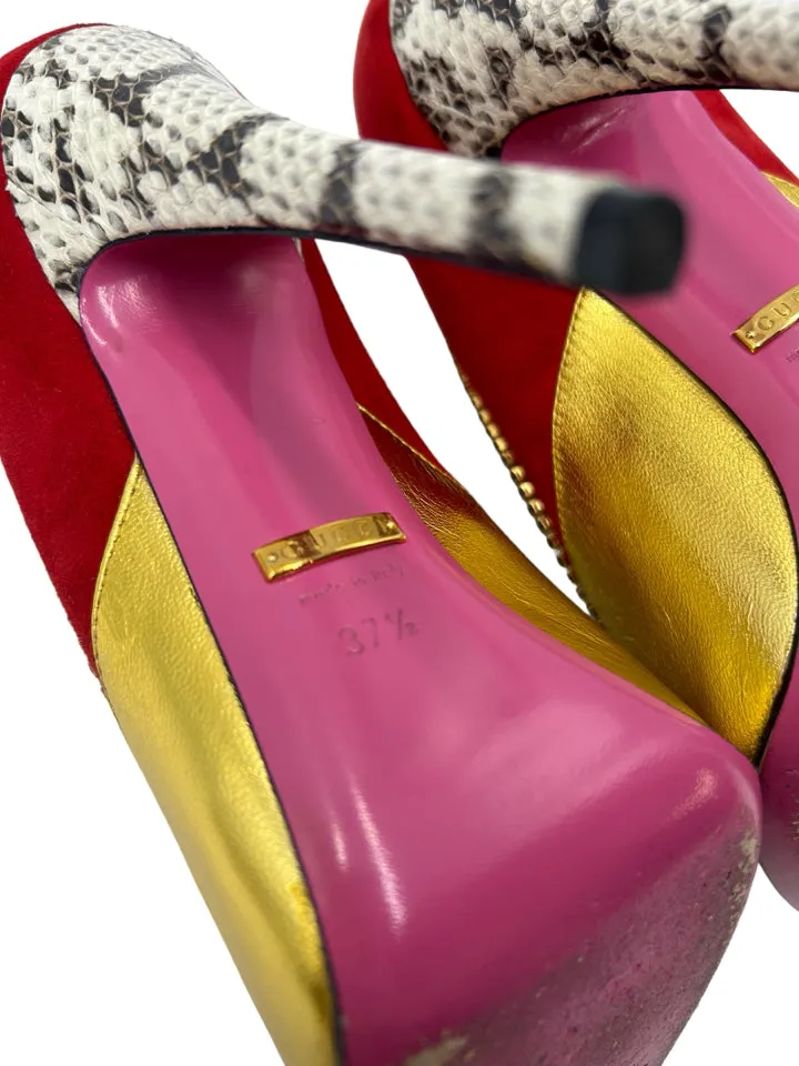 AS IS Gucci Suede Elaphe Snakeskin Peachy Pumps Women's 37.5=US 6.5