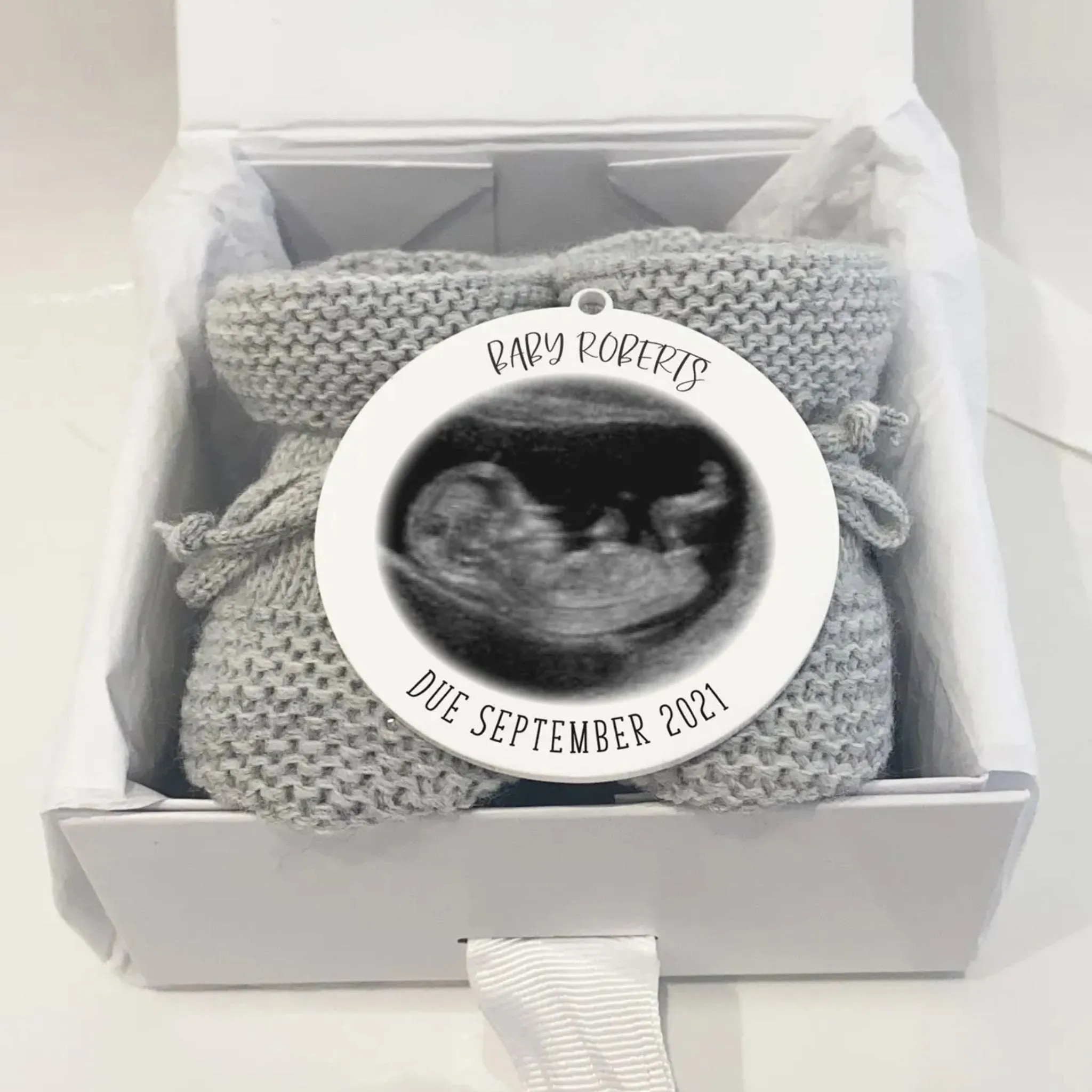Baby scan and baby booties pregnancy announcement gift set