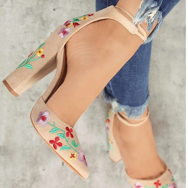 Beautiful Floral Embroidered High Heel Pumps Shoes