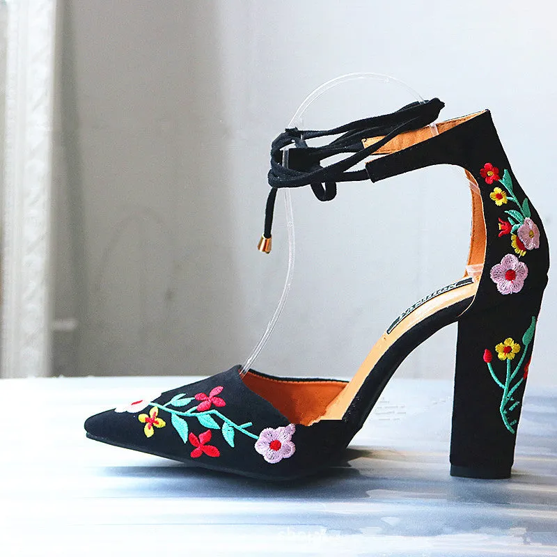 Beautiful Floral Embroidered High Heel Pumps Shoes