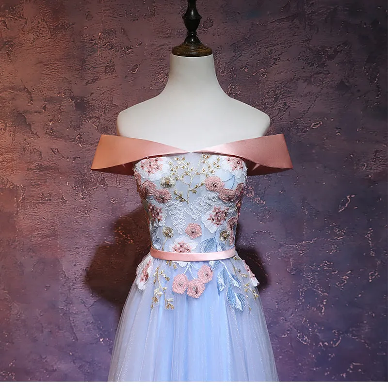 Beautiful Light Blue Off Shoulder Party Dress, Blue Prom Dress