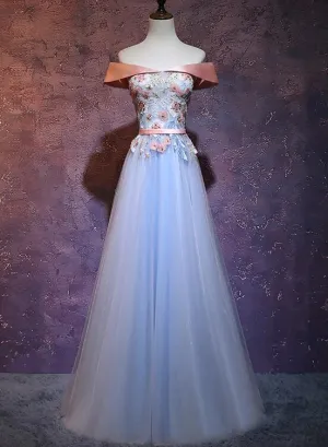 Beautiful Light Blue Off Shoulder Party Dress, Blue Prom Dress