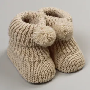 Beige Baby Booties with pom poms Newborn to 6 months