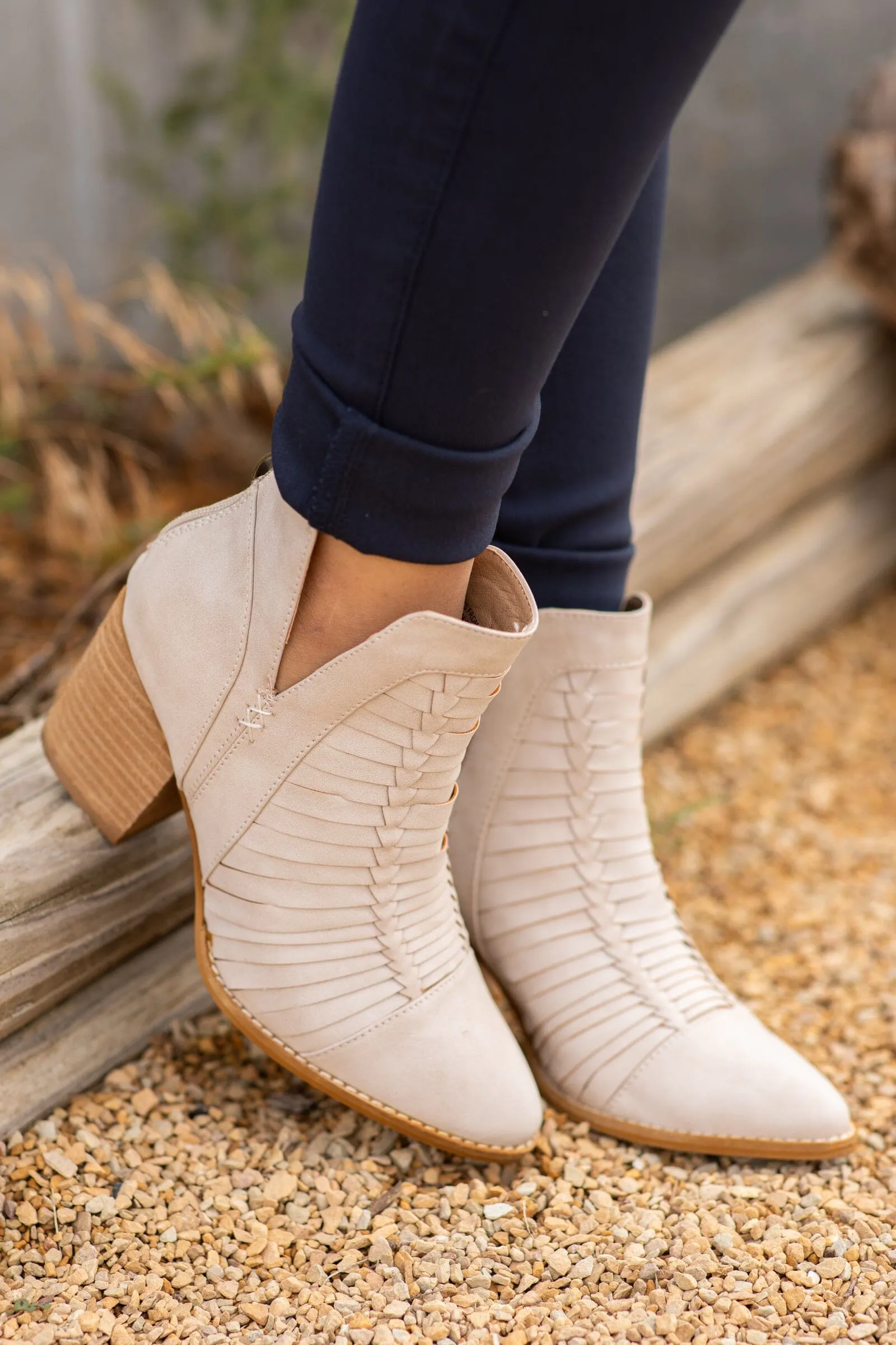 Beige Woven Detail Back Zip Bootie