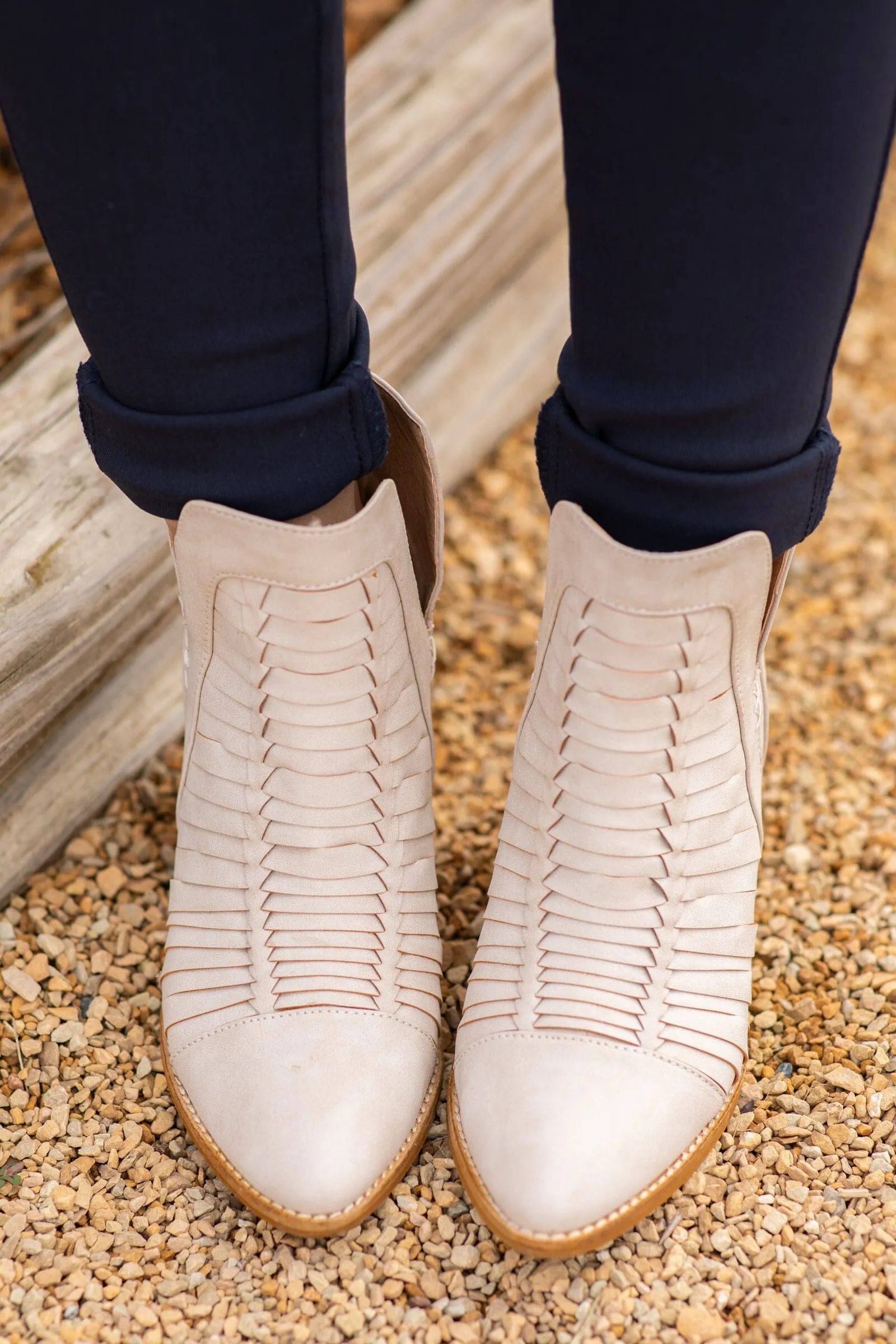 Beige Woven Detail Back Zip Bootie