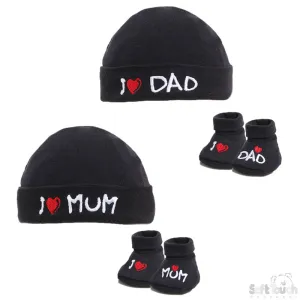 BLACK BABY HAT & BOOTEE SET - I LOVE M/D (NB-3MONTHS) HB12-BLK