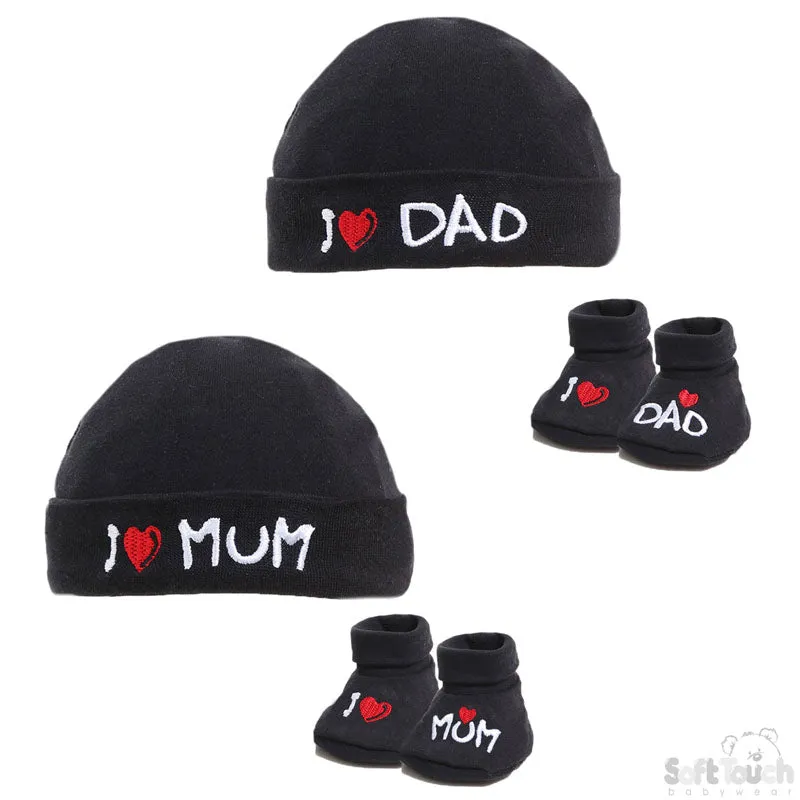 BLACK BABY HAT & BOOTEE SET - I LOVE M/D (NB-3MONTHS) HB12-BLK