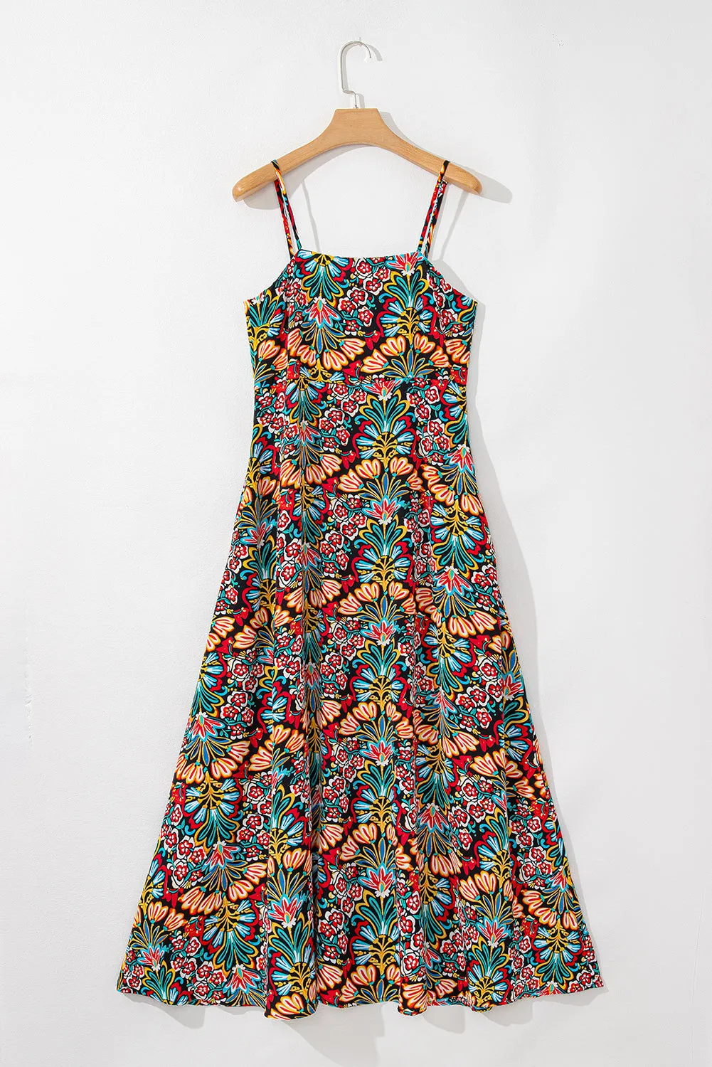 Black Boho Floral Print Thin Straps Sleeveless High Waist Maxi Dress