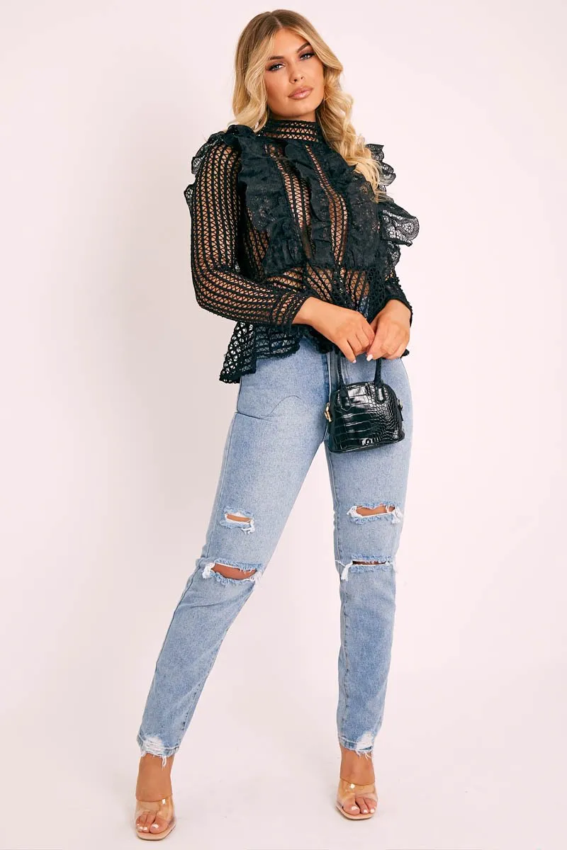 Black Lace High Neck Zip Back Blouse - Abree