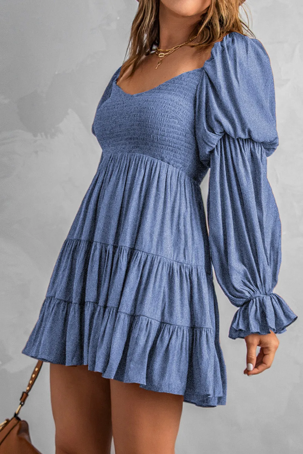 Blue Boho Solid Shirred Ruffle Mini Dress