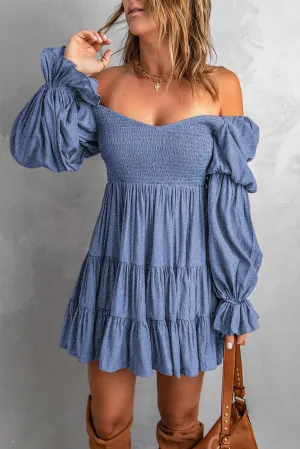 Blue Boho Solid Shirred Ruffle Mini Dress