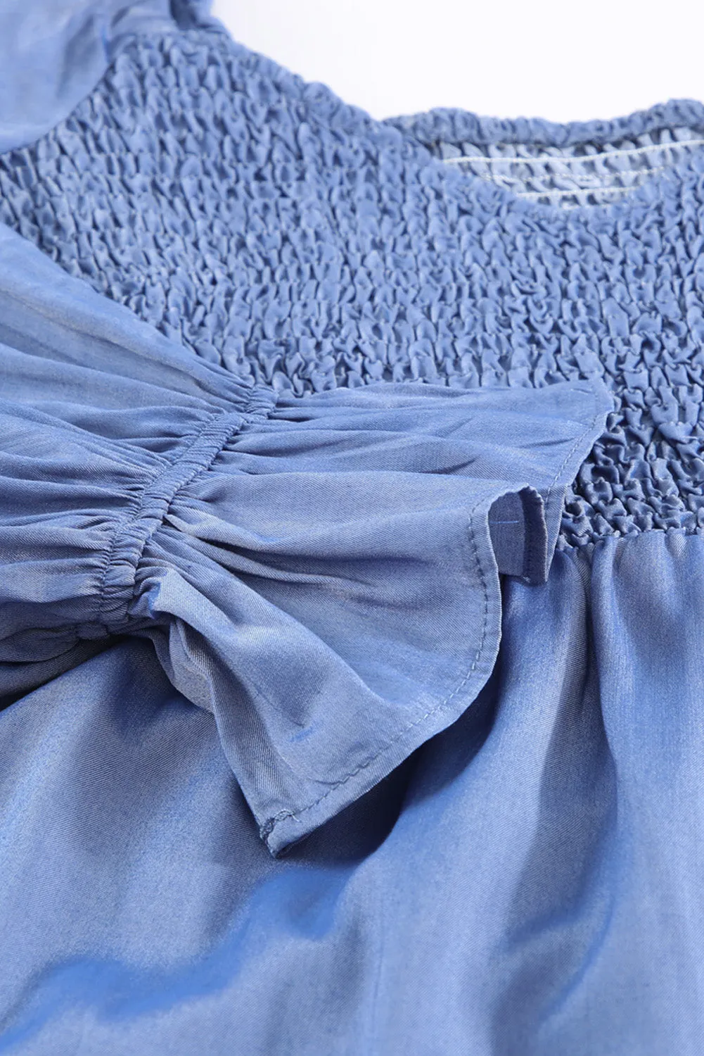 Blue Boho Solid Shirred Ruffle Mini Dress