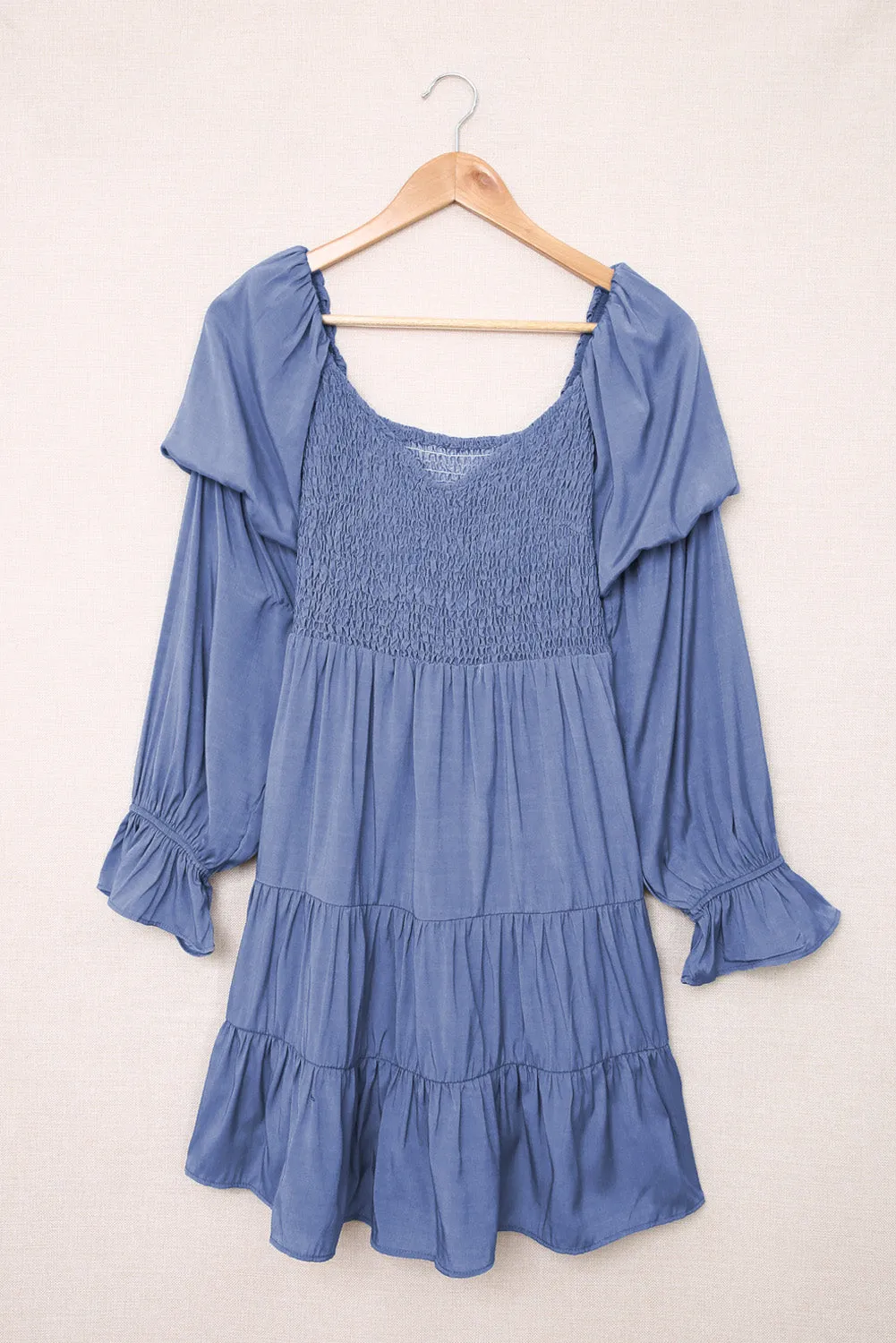 Blue Boho Solid Shirred Ruffle Mini Dress