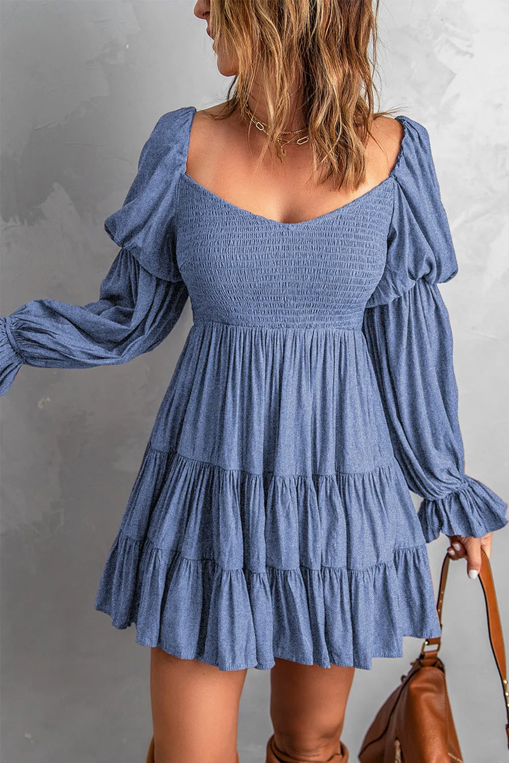 Blue Boho Solid Shirred Ruffle Mini Dress