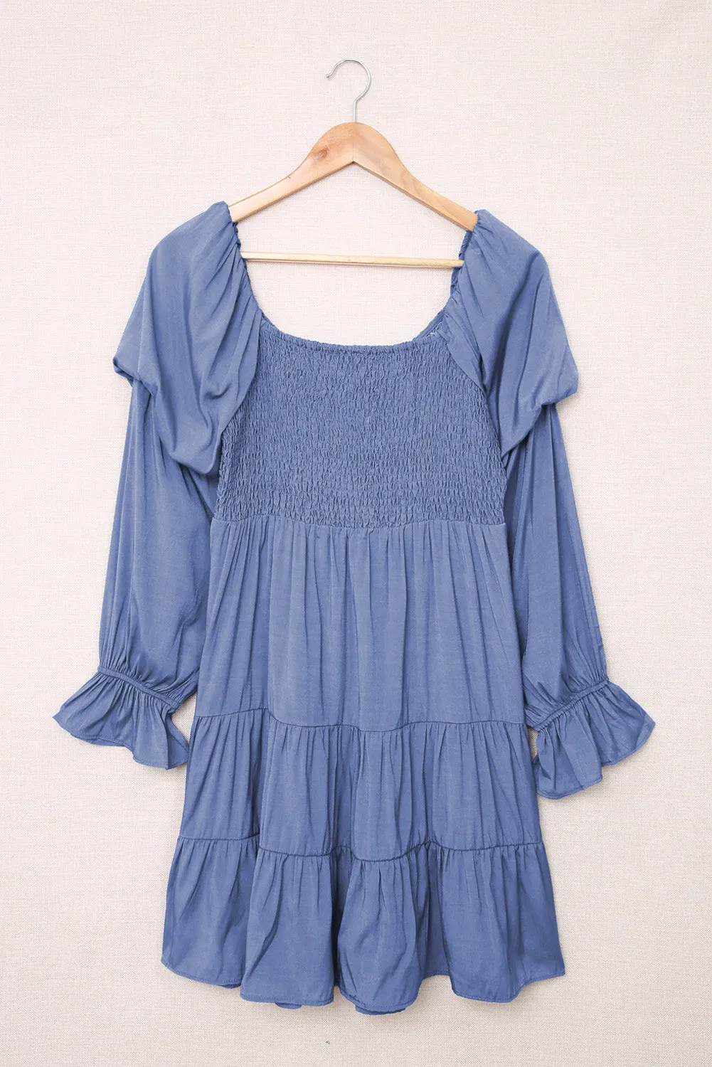 Blue Boho Solid Shirred Ruffle Mini Dress