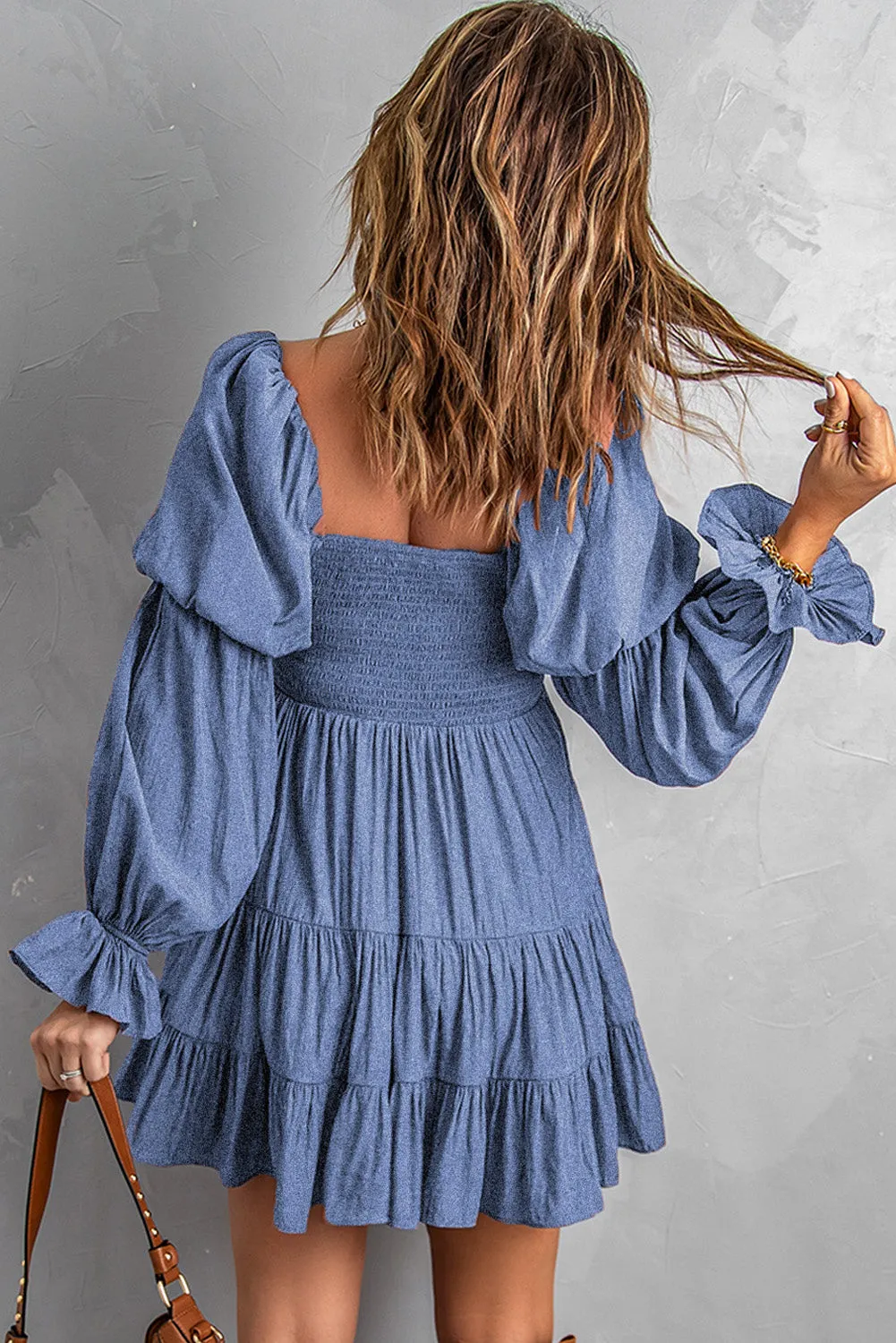 Blue Boho Solid Shirred Ruffle Mini Dress