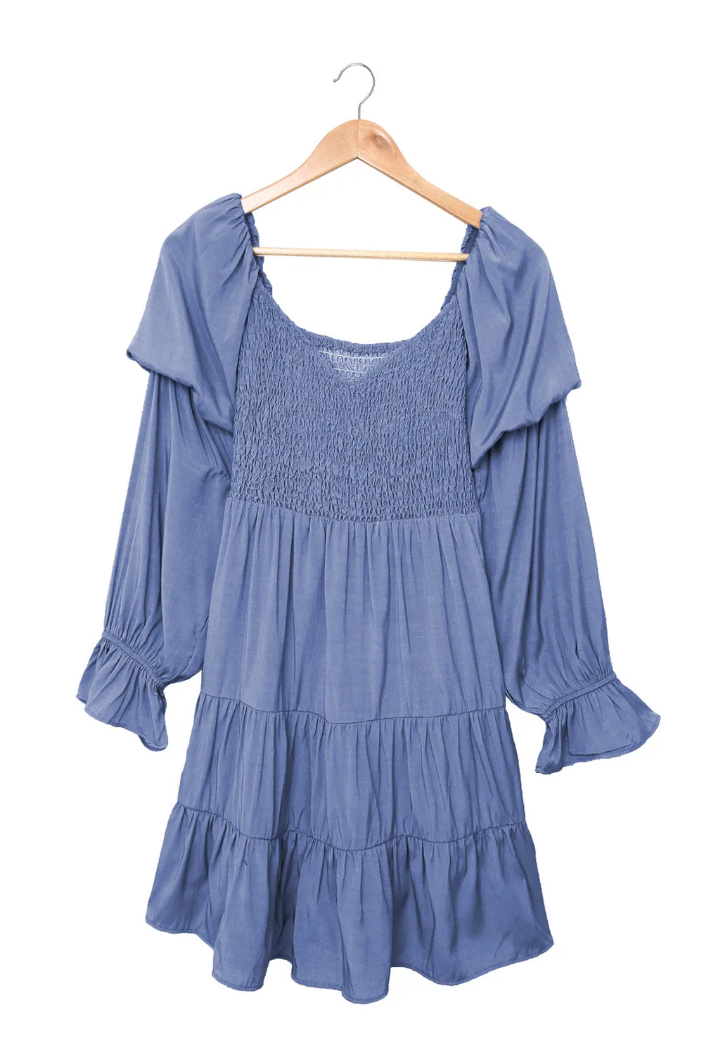 Blue Boho Solid Shirred Ruffle Mini Dress