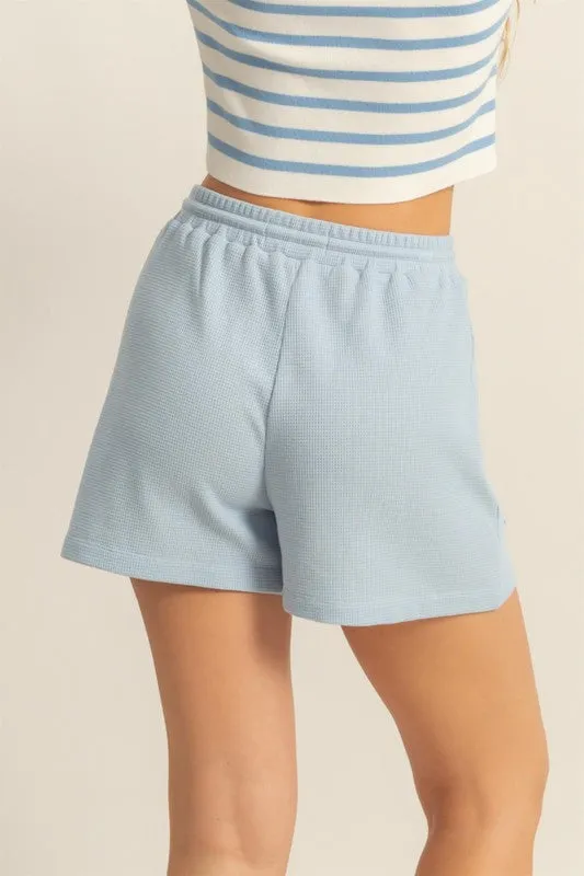 Blue Drawstring Waffle Knit Front Pocket Shorts