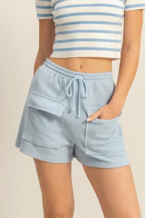 Blue Drawstring Waffle Knit Front Pocket Shorts
