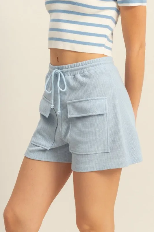 Blue Drawstring Waffle Knit Front Pocket Shorts